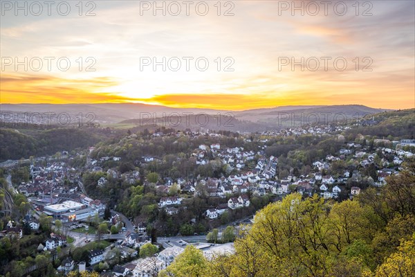 Landscape at sunrise. Beautiful morning environment with fresh green in spring. A small place in the middle of nature. taken from a small mountain, Taunus, Hesse, Germany, Europe