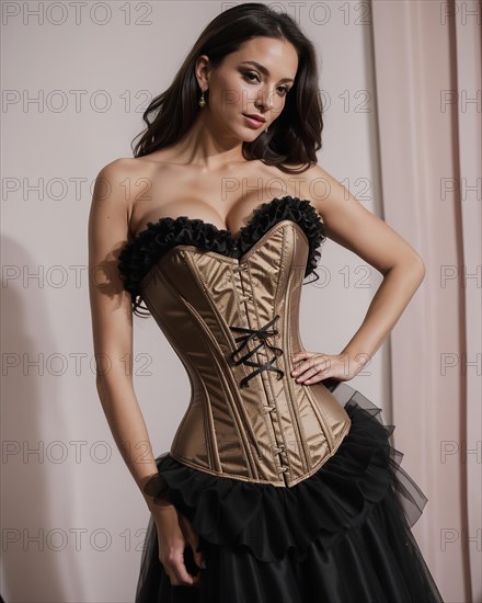 Fashion interior photo of gorgeous sexy woman with dark hair in luxurious lingerie and corset. ai generative, AI generated
