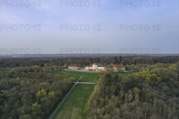 Aerial view of the rococo-style hunting and pleasure palace Schloss Solitude, built by Duke Carl Eugen von Wuerttemberg, Stuttgart, Baden-Wuerttemberg, Germany, Europe