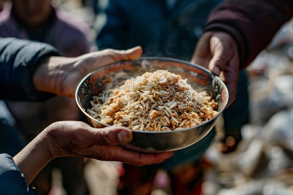 Close up of person's hand holding plate with food at charity food distribution. KI generiert, generiert, AI generated