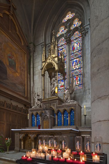 Marian altar with sacrificial candles, Notre Dame de l'Assomption Cathedral, Lucon, Vendee, France, Europe
