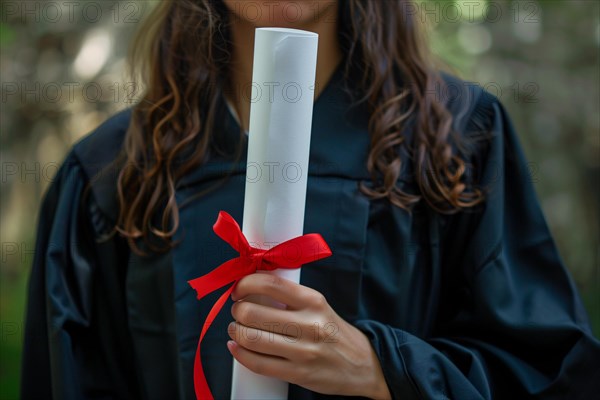 Degree paper certificate roll with red ribbon held by young woman in graduation robe. KI generiert, generiert, AI generated