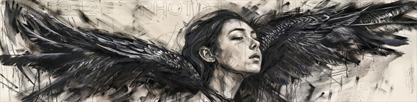 An illustration of a woman with outstretched bird wings in black and white, raven woman, banner, AI generated, AI generated