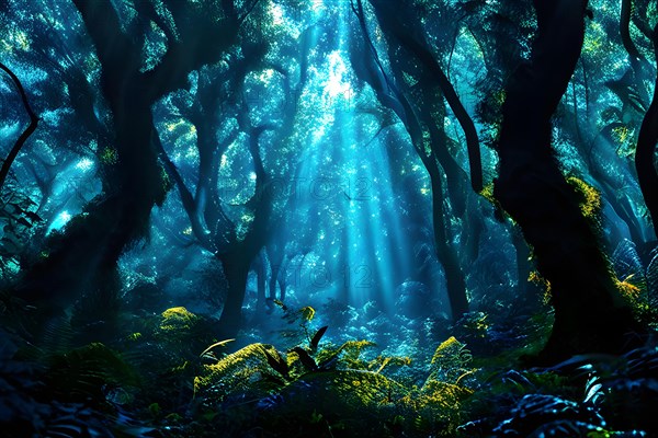 AI generated ethereal mystical forest scene with digital glow effects