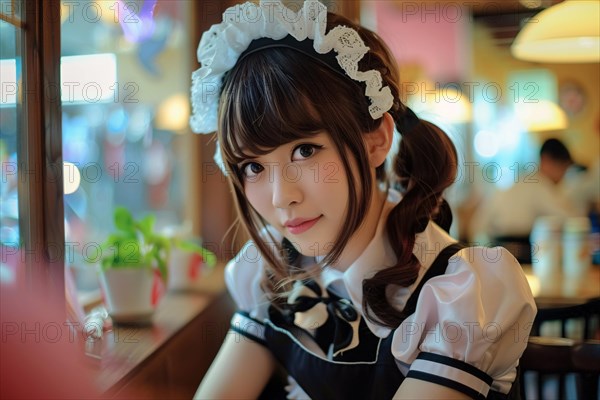 Young Asian woman waitress dressed in maid costumes in Japanese Maid Cafe. KI generiert, generiert, AI generated