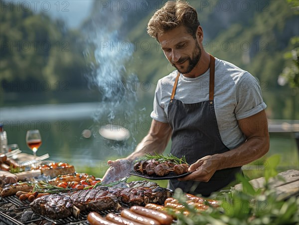 Barbecue party, guests with glasses in their hands stand around a chef who is grilling sausages and steaks, AI generated