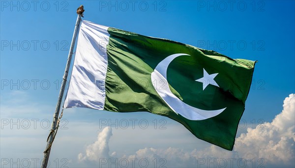 The flag of Pakistan flutters in the wind, isolated against a blue sky