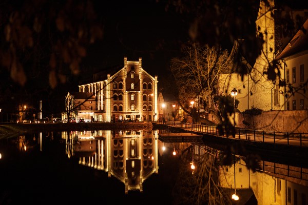 Night, lighting, Old Town, reflection, idyllic, tourist attraction, sightseeing, town hall, river, tributary, Vltava, beer, Ceske Budejovice, Czech Republic, Europe