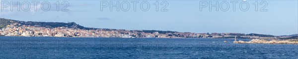 View from the sea to the town of Maddalena, panoramic view, Sardinia, Italy, Europe