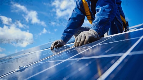 Solar panel installer on a rooftop verifying connections on a sunny day. AI generated