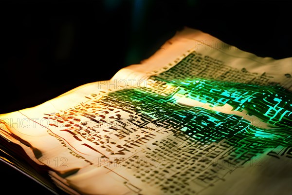 AI generated ancient manuscript with text gradually transforming into a glowing digital code