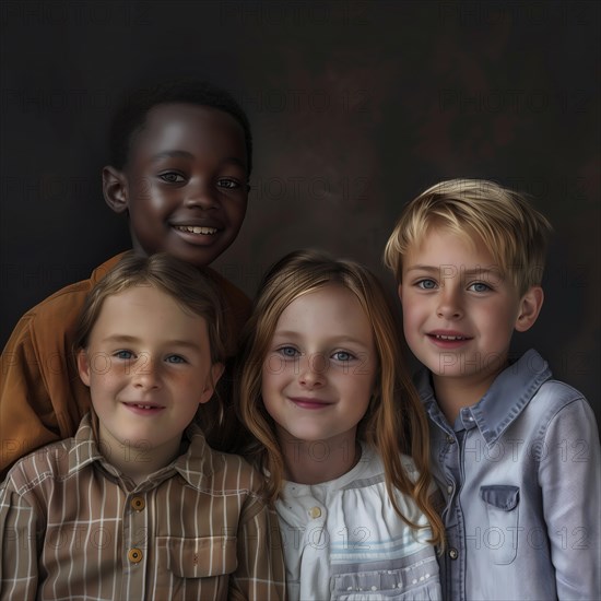 Four happy children of different ethnicities pose smiling for a warm portrait, group picture with smiling children of different nationalities and cultures, KI generated, AI generated