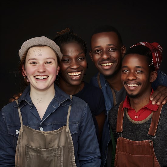 A happy group of five young friends standing close together and smiling against a dark background, group picture with people in work clothes of different nationalities and cultures, AI generated