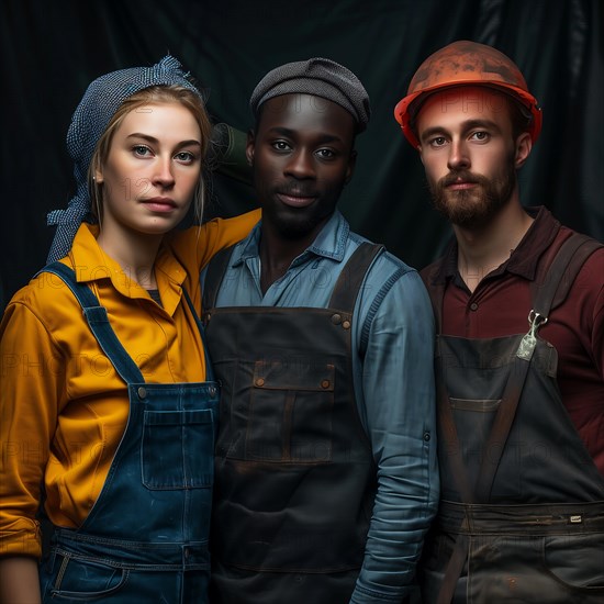 Three people in work clothes standing close together in front of a dark background, group picture with people in work clothes of different nationalities and cultures, AI generated