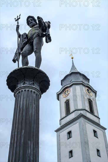 Neptune standing on a column, Neptune Fountain in front of the Minster of Our Lady, market square Lindau (Lake Constance), Bavaria, Germany, Europe