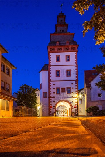 View of an old town, half-timbered houses and streets in a town. Seligenstadt am Main, Hesse Germany