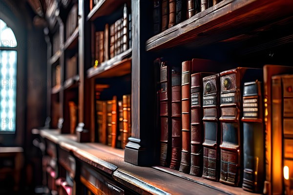 AI generated old library with antique wooden bookshelves