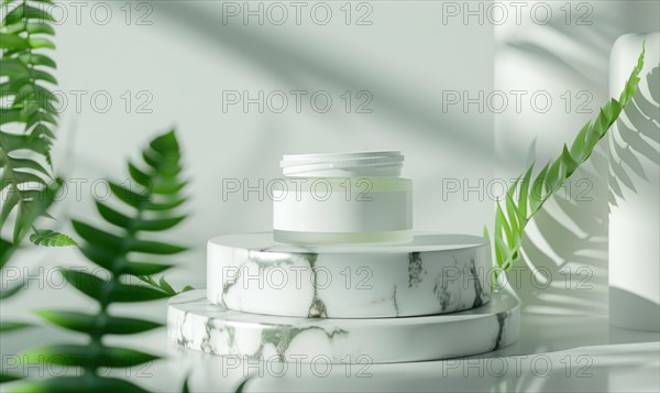 Aloe vera gel product promotion featuring a blank jar mockup showcased on a marble produce podium AI generated