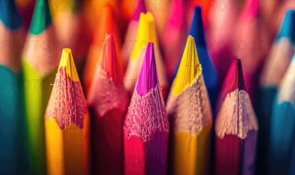 Close-up of a bunch of colored pencils, abstract background with colored pencils macro view AI generated