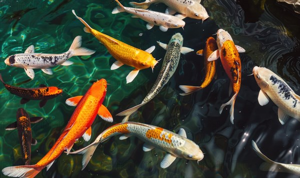 Close-up of colorful koi fish swimming in the clear waters of a spring lake AI generated