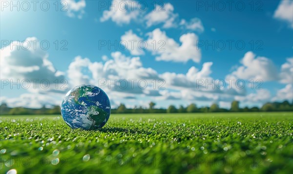 An Earth globe on a grassy meadow with bright blue sky as the backdrop AI generated