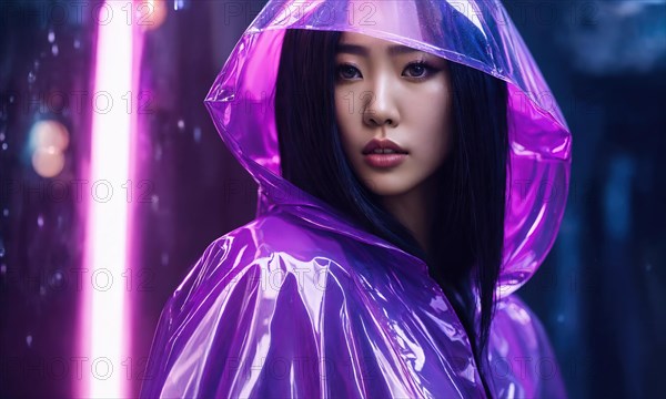 Beautiful asian woman in purple raincoat walking in the city. ai generative, AI generated