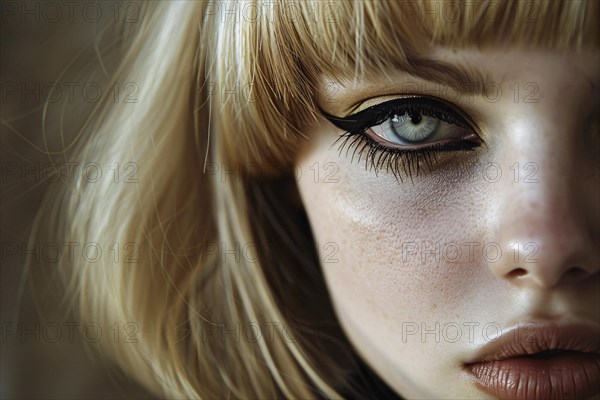 Portrait of young attractive woman with blond hair with bob hairstyle with bangs and and black eye makeup. KI generiert, generiert, AI generated
