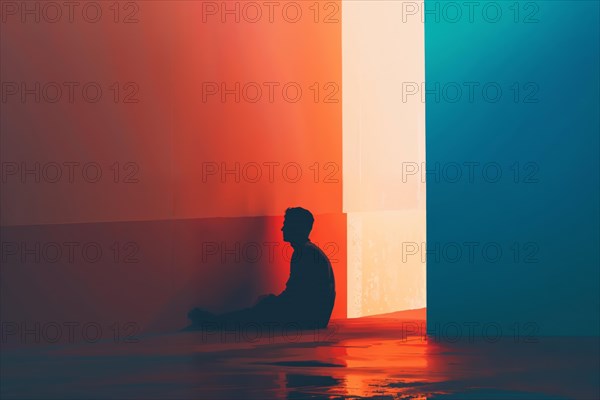Silhouette of a seated person surrounded by an intense colour gradient, loneliness, depression, AI generated, AI generated