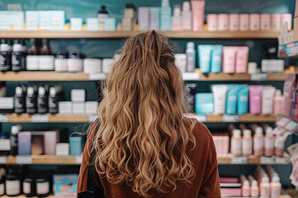 Young woman standing in front of shelves with cosmetic and makeup products in store. KI generiert, generiert, AI generated