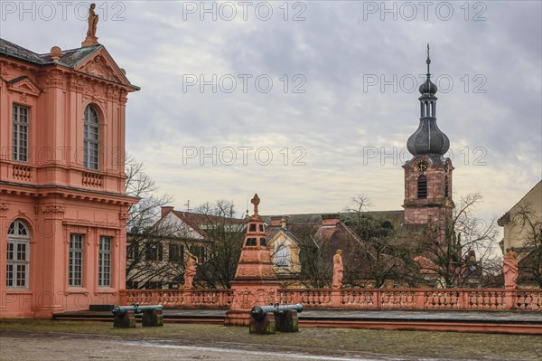 Court of honour baroque three-winged complex Rastatt Palace, former residence of the Margraves of Baden-Baden, Church of St. Alexander, Rastatt, Baden-Wuerttemberg, Germany, Europe