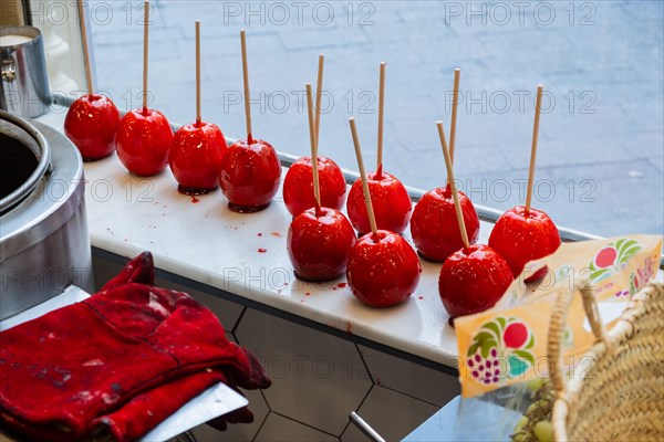 Candied apples in a shop in Sitges, Spain, Europe