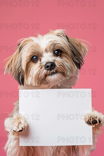 Dog holding empty sign in front of pink studio background. KI generiert, generiert, AI generated