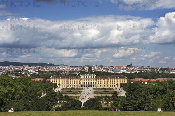 View of Schoenbrunn Palace and a part of the city of Vienna from the Gloriette, Schoenbrunn Palace Park, Schoenbrunn, Vienna, Austria, Europe