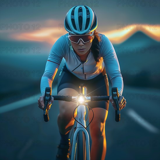 Cyclist riding at dusk, the light of the bicycle illuminates the road, AI generated