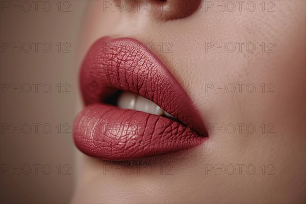 Close up of large red plump lips of woman with Hyaluronic acid beauty fillers. KI generiert, generiert, AI generated