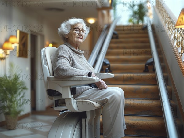 A pensioner rides a stair lift up a flight of stairs, AI generated