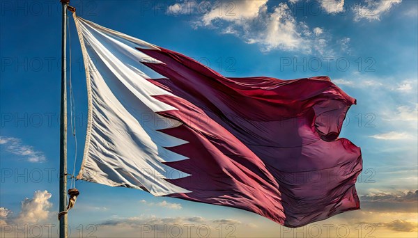 The flag of Qatar flutters in the wind, isolated against a blue sky