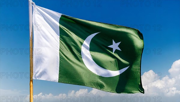 The flag of Pakistan flutters in the wind, isolated against a blue sky