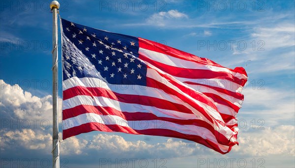 The flag of USA, America, United States, fluttering in the wind, isolated against a blue sky, North America