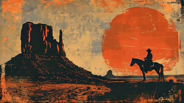 A lone cowboy on horseback silhouetted against a sunset in a vast desert landscape, ai generated, AI generated