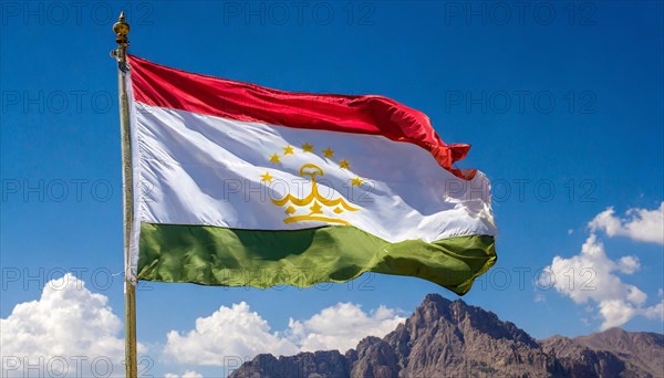 The flag of Tajikistan, fluttering in the wind, isolated, against the blue sky