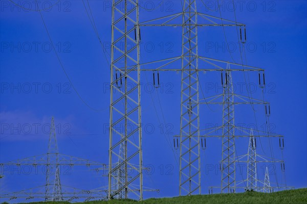 Power pylons with high-voltage lines at the Avacon substation in Helmstedt, Helmstedt, Lower Saxony, Germany, Europe
