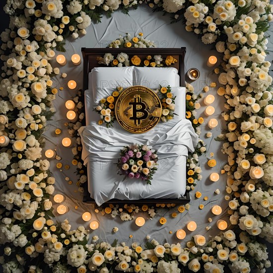 Symbolic funeral and final rest for bitcoin: conceptualizing the decline and demise of the digital currency in the market economy. With flowers. Bed, AI generated
