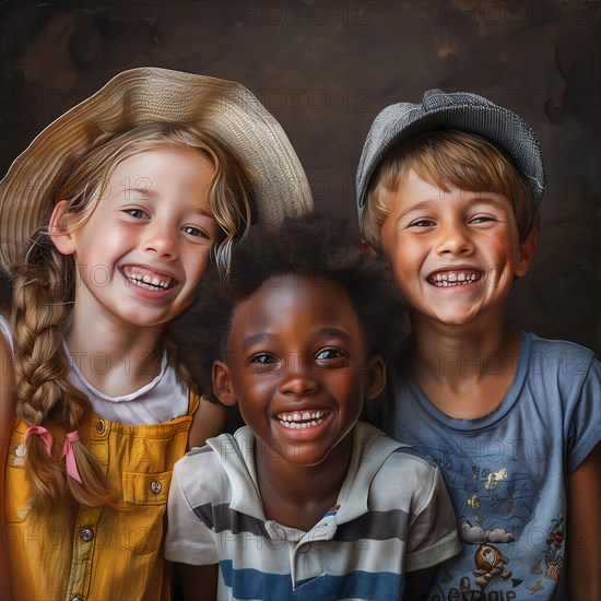 Three cheerful children in casual clothes and stylish hats share a hearty laugh, group picture with laughing children of different nationalities and cultures, KI generiert, AI generated