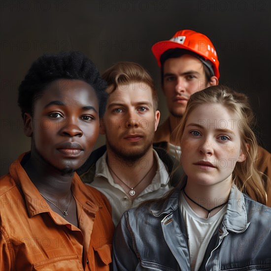 Four young adults with serious faces, symbolising diversity and cohesion, group picture with people in work clothes of different nationalities and cultures, KI generated, AI generated