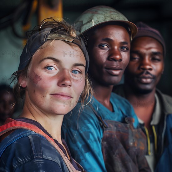 Three young workers in dirty work clothes look seriously and trustingly into the camera, group picture with people in work clothes of different nationalities and cultures, AI generated