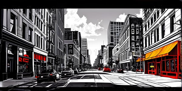 AI generated bustling street scene monochromatic snapshot with colorful digital elements