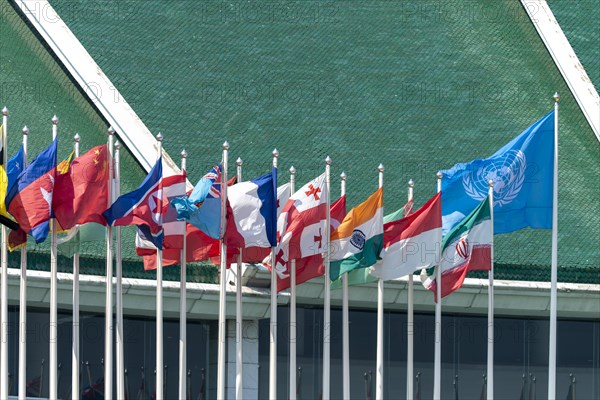 Many flags in front of the United Nations Conference Centre, Bangkok, Thailand, Asia