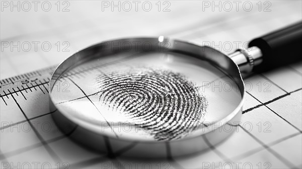 Magnifying glass resting on a fingerprint on paper. generative AI, AI generated