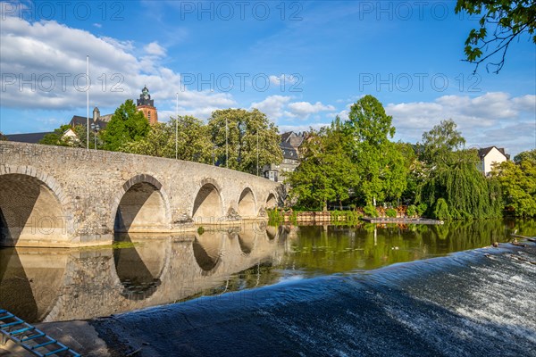 View of an old town, half-timbered houses in a town. Streets and bridges at the river Lahn in the morning in Wetzlar, Hesse Germany